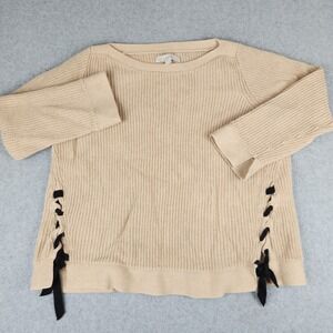 LOFT Womens XXL Beige Ribbed Cotton Sweater Black Side Lace Up Ribbon Ties XXL